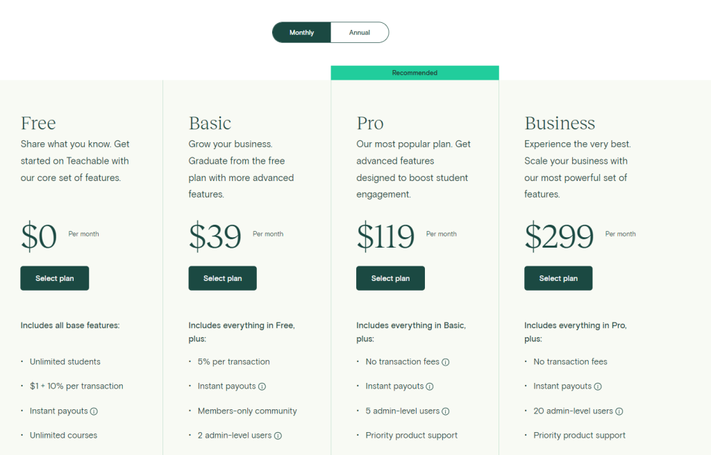 Teachable Pricing Plans Teachable Pricing Plans