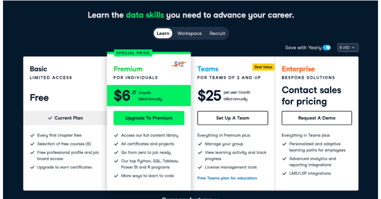 DataCamp-choose the plan, you want to subscribe