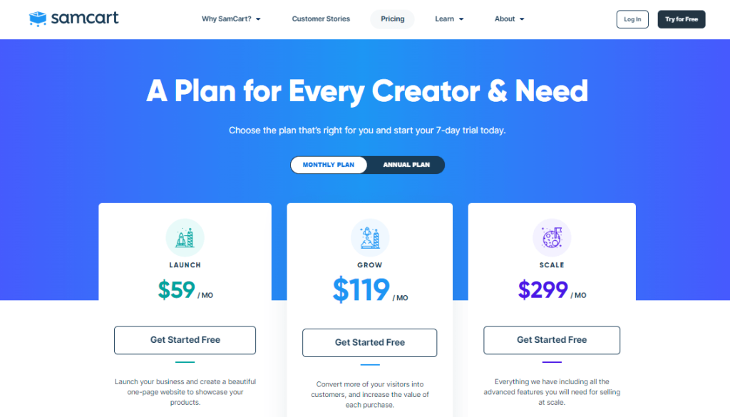 SamCart pricing page