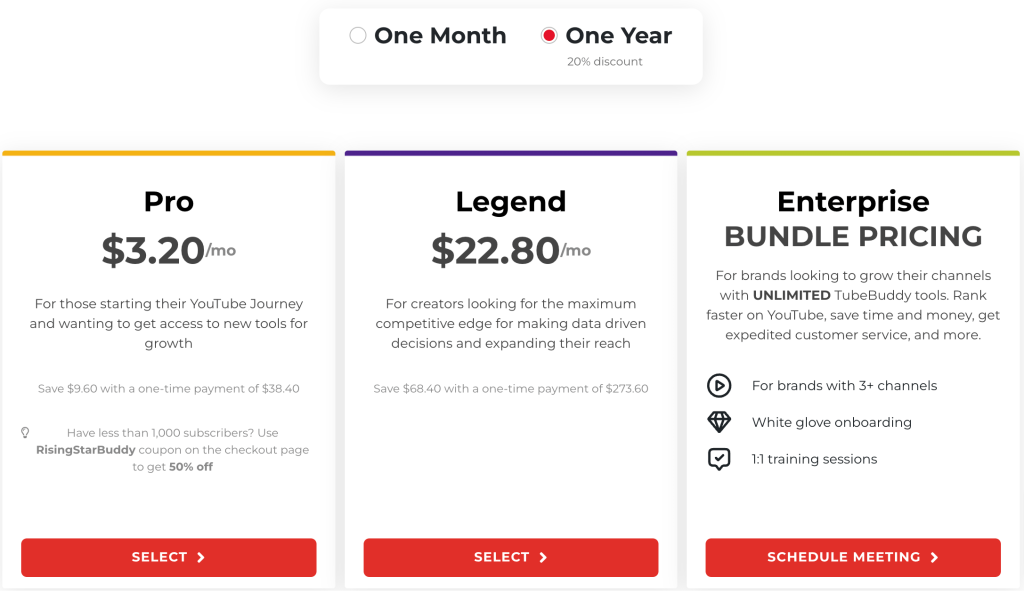  TubeBuddy Pricing page